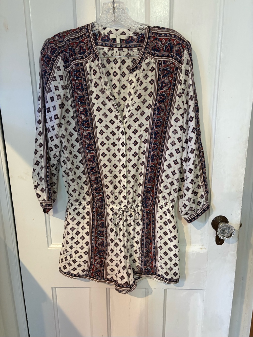 Joie White Printed Boho Romper with Navy & Rust Trim